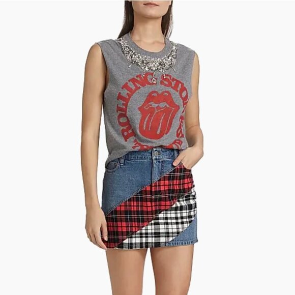 NWT Alice + Olivia Slim Fit Mini Skirt Denim Patchwork Size 24 - Picture 1 of 7